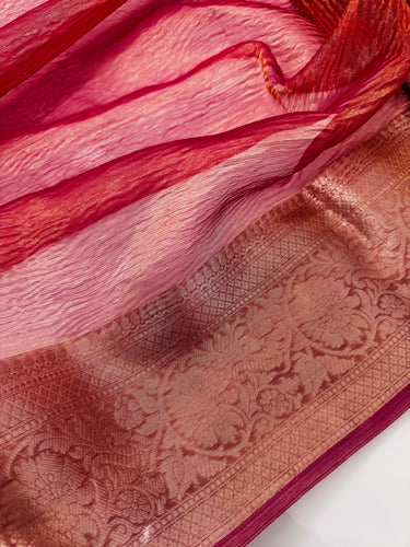 Banarasi Tissue Silk Saree | Metallic Onion Pink | Crushed Texture | Gold Zari | Handwoven | Ships from California